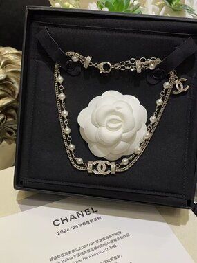 🍓🍓Chanel Double C Pavé Diamond Multi-Strand Pearl Necklace🍥🍥